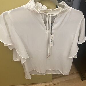 Tahari White Smocked Ruffle Neck Flutter Sleeve Blouse